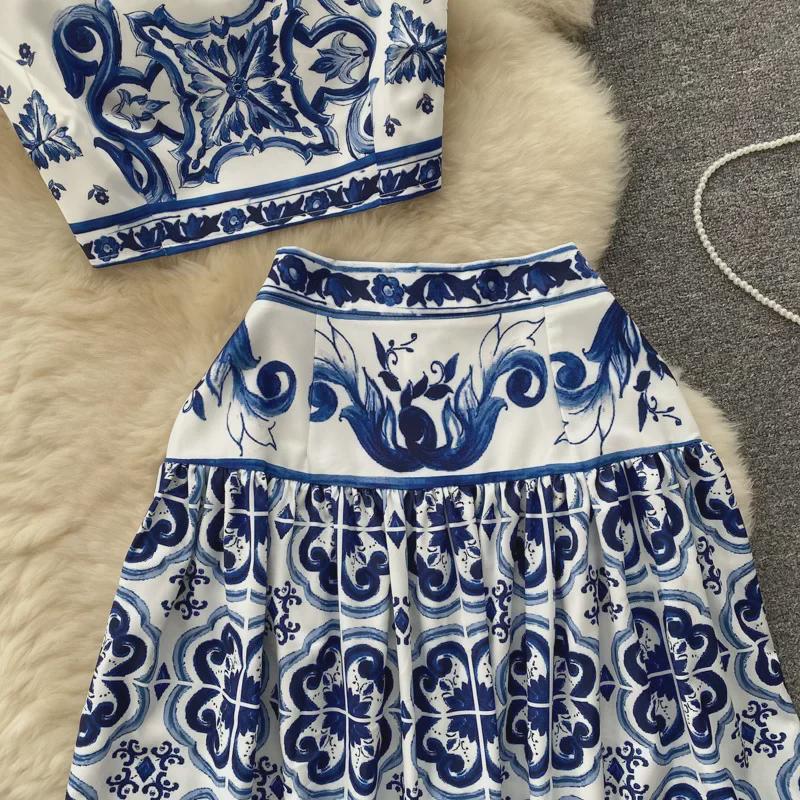 Blue & White Porcelain Print Camisole and High-Waist Midi Skirt Set for Women