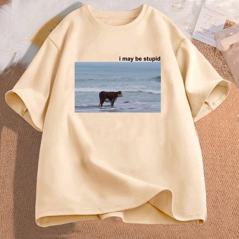 Ich bin vielleicht eine dumme Kuh am Strand Lustiges Meme T-Shirt Baumwolle Kurzarm Damenmode Rundhals-T-Shirt Lässiges Gemütliches Baumwoll-T-Shirt