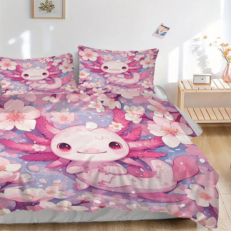 3pcs Axolotl & Pink Flower Bedding Set - Includes 1 Quilt Cover and 2 Pillowcases, Comfortable Bedding with Stylish Design for Bedroom, Mach
