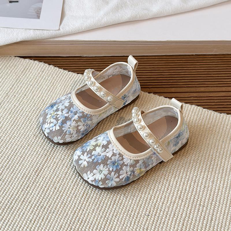 

Pink Blue Floral Embroidery Mesh Ballet Flat Baby Girl Elegant Pearl Strap Mary Jane Shoes Kid Wedding Party Lace Ballerina Shoe 23