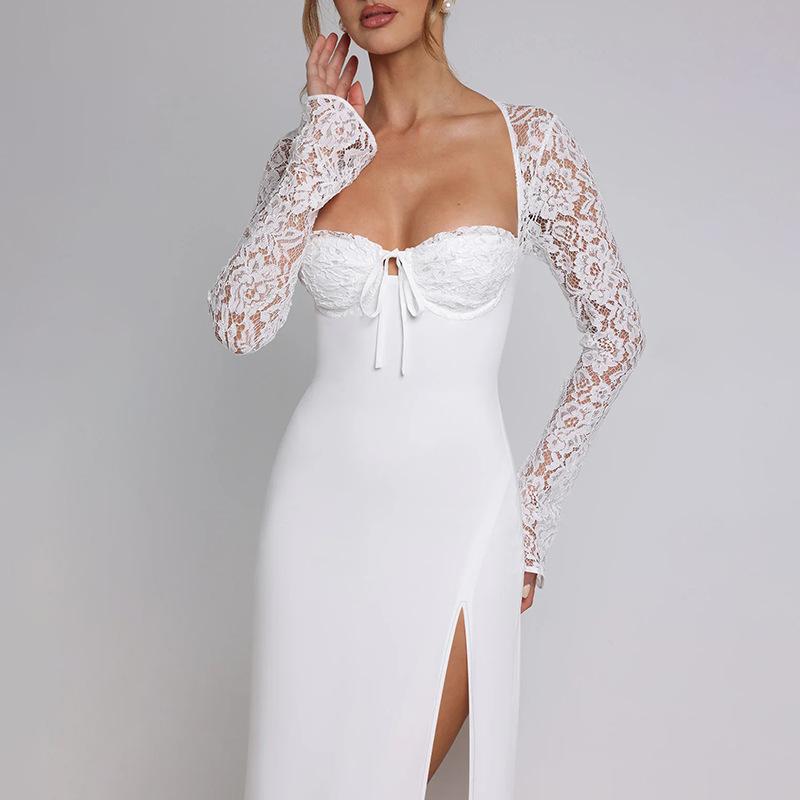 Women's Autumn/winter Lace Splicing Long Sleeve Sexy Slit Slim Dress Dress