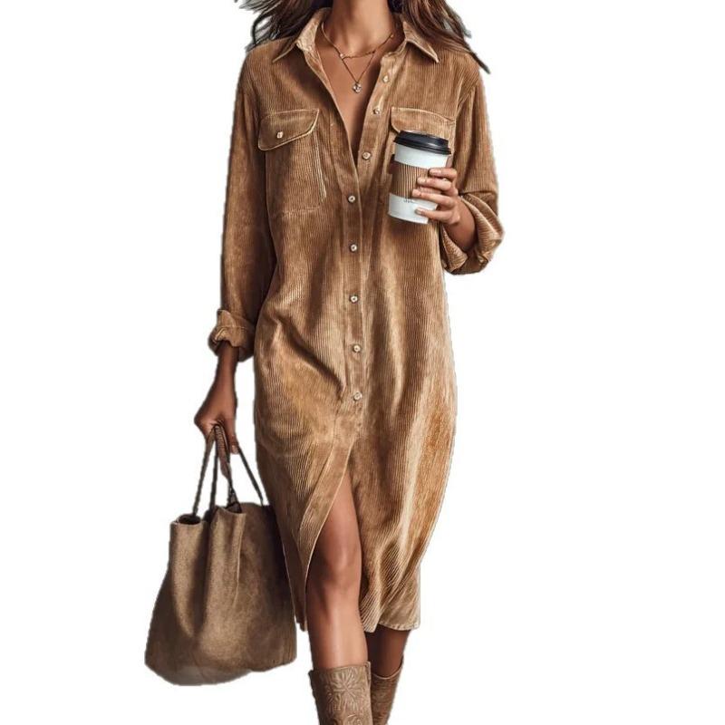 New Solid-Color Corduroy Long-Sleeve Collared Shirt and Loose-Fit Maxi Skirt