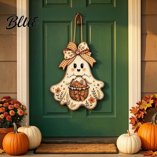 Autumn Porch Hanging Ornament Cute Bow Ghost Sign Rustic Retro Floral Door Sign with Pumpkin Outdoor Fall Entryway Basket Vintage Halloween