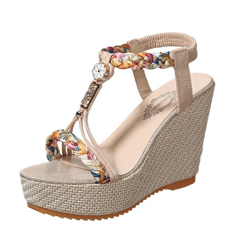 Damen Übergröße Colorblock Gewebte Peep-Toe Plateau-Sandalen, Klobiger Absatz Lässige Sommerschuhe