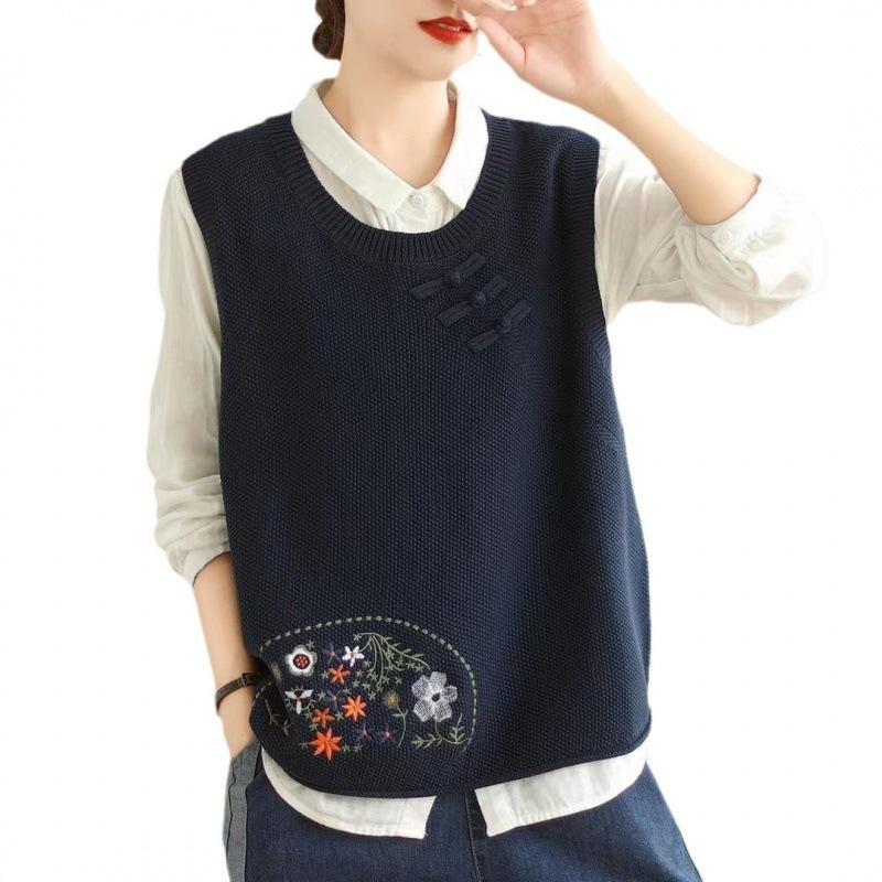 Vestă Tricotată de Damă, Nasturi Culturale, Brodată, Nouă de Primăvară și Toamnă, Vestă Pulover cu Gât Rotund