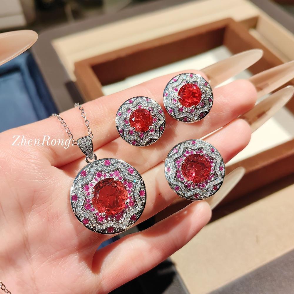 

European American Shining Full Diamond Jewelry Set Star Compass Necklace Pink Earrings Blue Ring