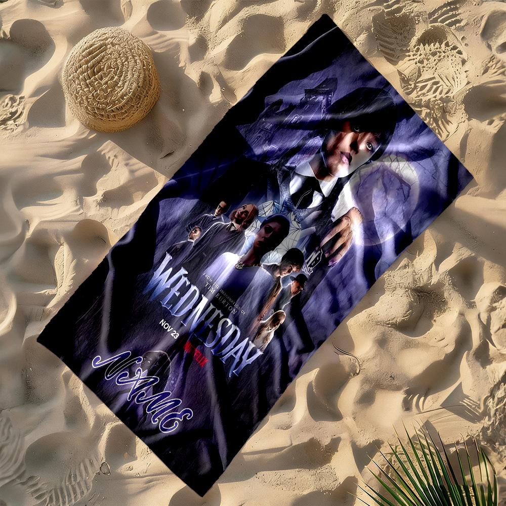 Wednesday Addams: Gothic Adventure Customized Name Beach Towel Quick-Dry Soft Microfiber Perfect for Traveling Yoga Camping and Swimming