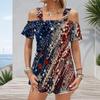 Plus Size Women Cold Shoulder Flutter Sleeve T Shirt Star Glitter Stripe Print Short Sleeve Top
