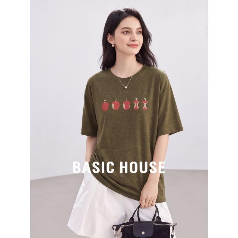 Basic House Women s Print Round Neck Linen Blend T-shirt S