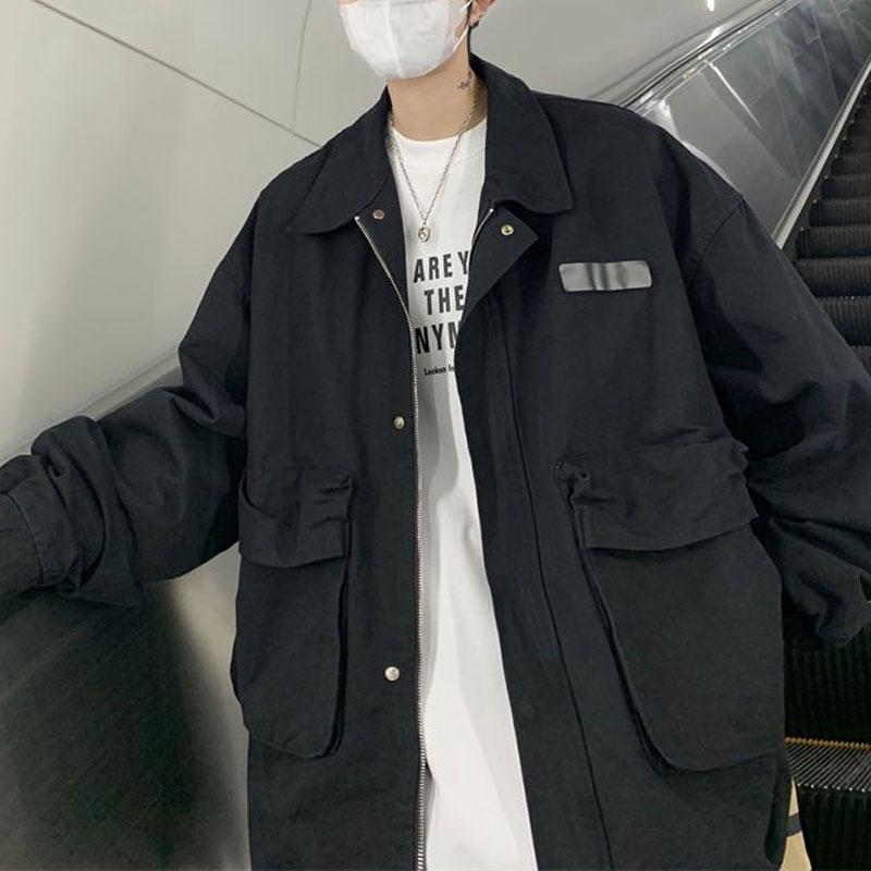 

Винтажные однотонные пальто в японском стиле, осенние, с длинным рукавом, свободного кроя, мужская одежда, с воротником поло, в стиле сафари, повседневные, на молнии, базовые куртки S чёрный