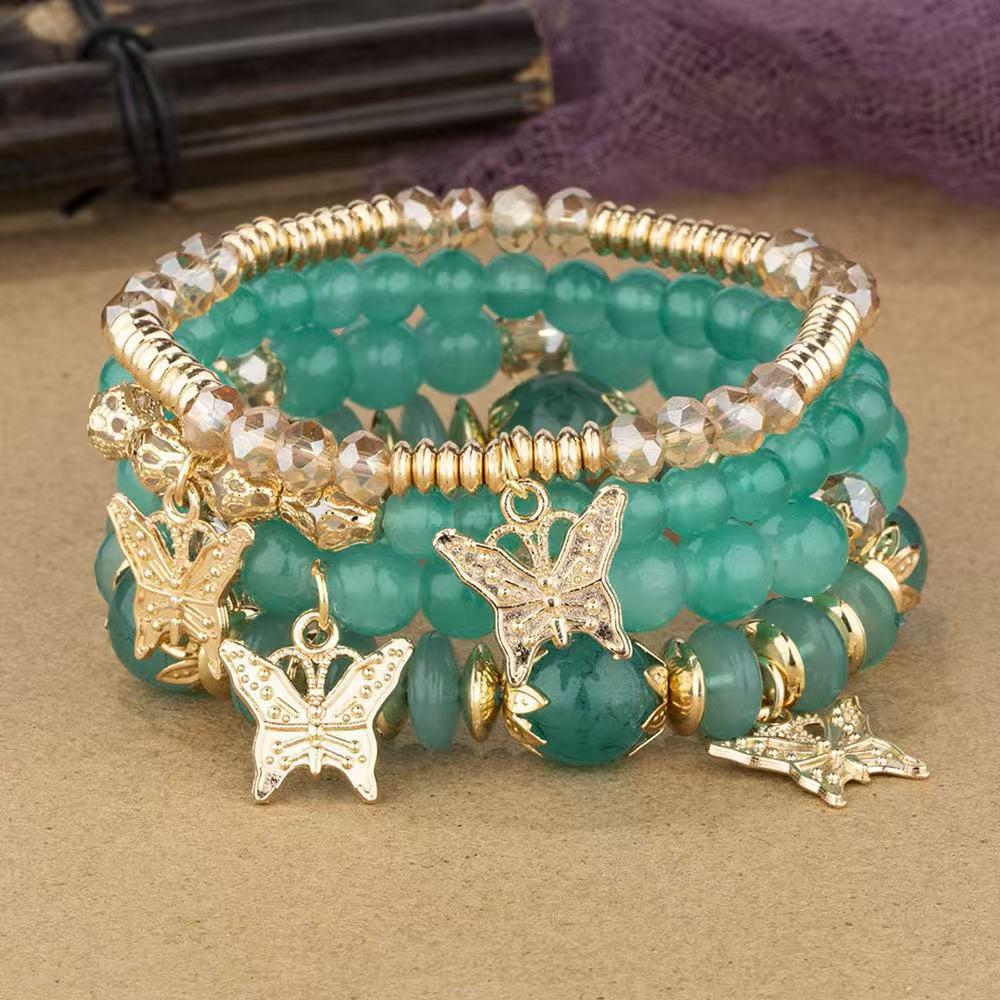 Bohemian Multi-layer Crystal Beaded Butterfly Pendant Stacking Bracelet