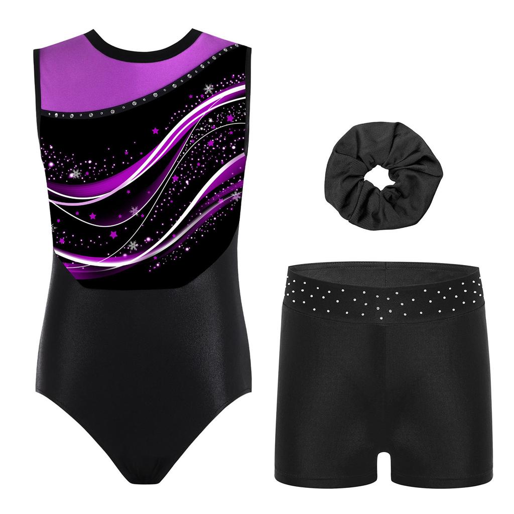 Mädchen Glitzernde Strasssteine Farbblock Gymnastik-Leotard Rundhalsausschnitt Ärmellos Tanz Eiskunstlauf Outfit
