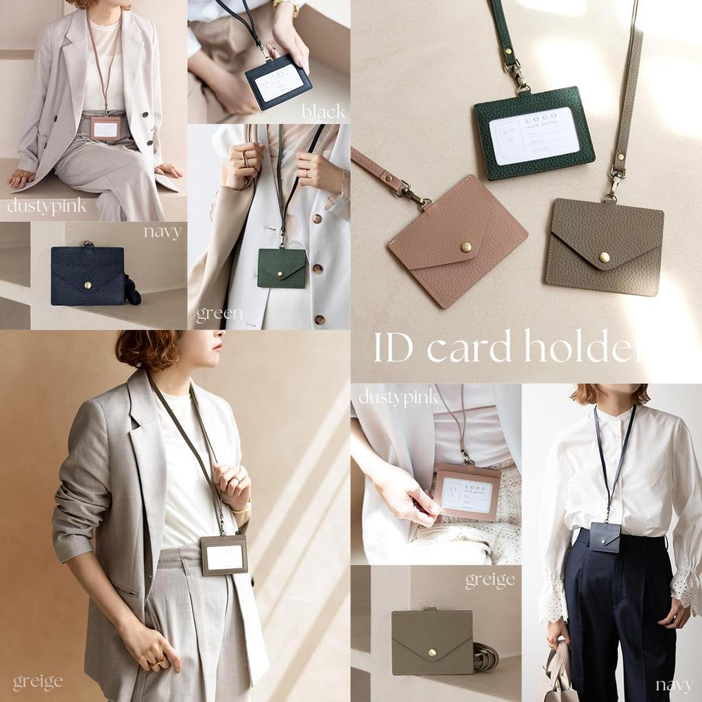 [RafiCaro] Genuine Leather ID Card Holder Pass Case for Women, Double-Sided Pocket, Anti-Skimming, Employee ID Card Case, Neck Strap Included, Simple