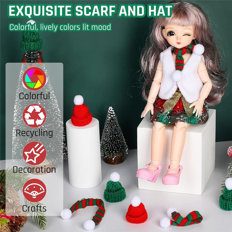 A84E-Mini Christmas Knit Hat And Scarf Kit-40 Pieces For Crafts, Tiny Santa Cap And Scarf Ornaments Included