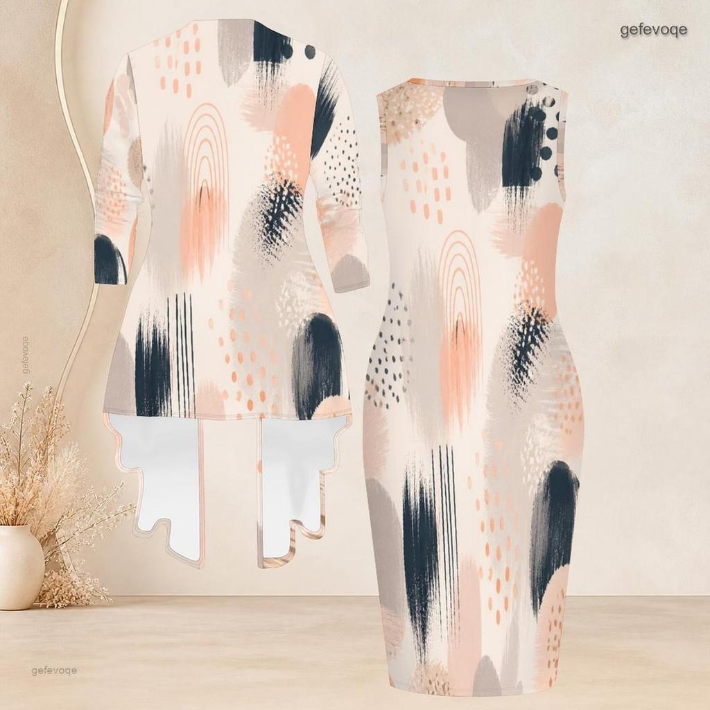 Women Plus Size Two Piece Set Printed Sleeveless Bodycon Dress 3 4 Sleeve Draped Cardigan
