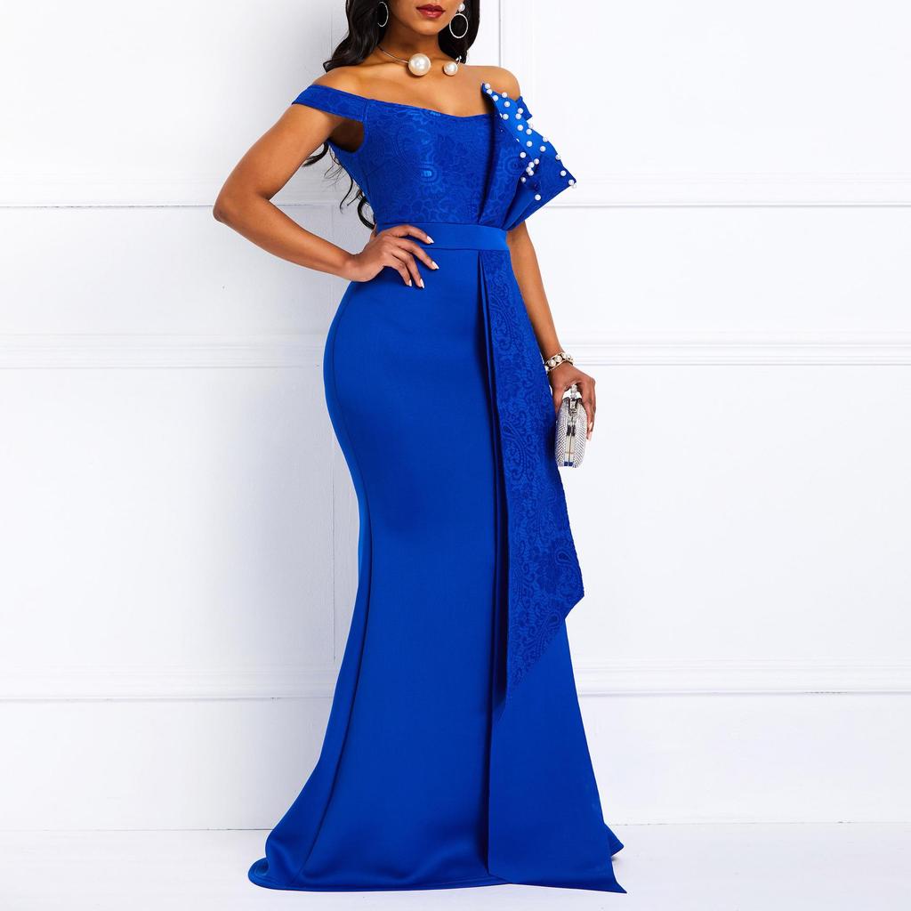Cross-border INS One-Shoulder Lace Bubble Bead Dress