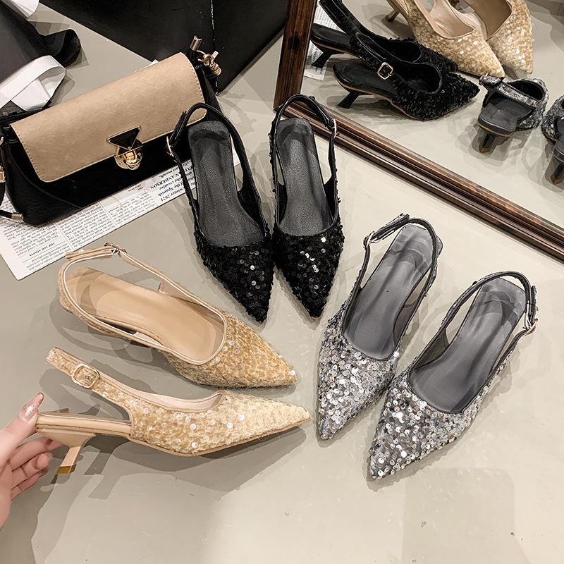 Premium sense versatile sandals summer 2025 new temperament bag head sandals sequins shallow mouth pointed sandals