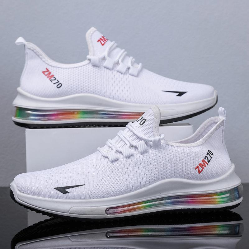 

Мужская обувь, весенняя спортивная обувь для отдыха на воздушной подушке, летающая тканая обувь с радужной подошвой, дышащая мужская обувь для бега для отдыха 41 белый