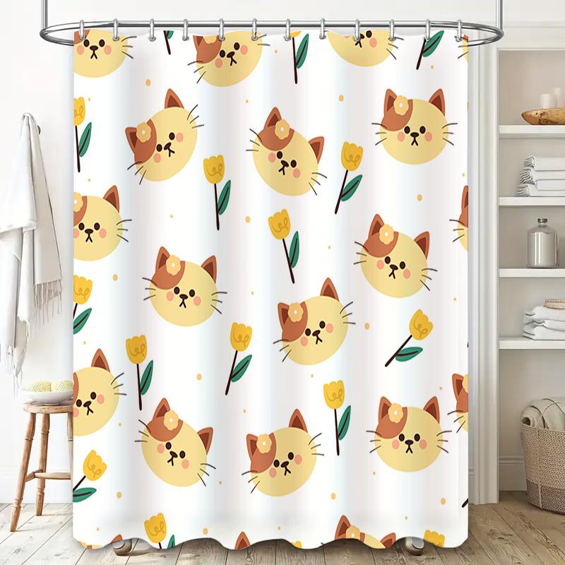 Kawaii Cats and Tulips Shower Curtain Bathroom Decor for Kids Room Modern Print Home Decoration