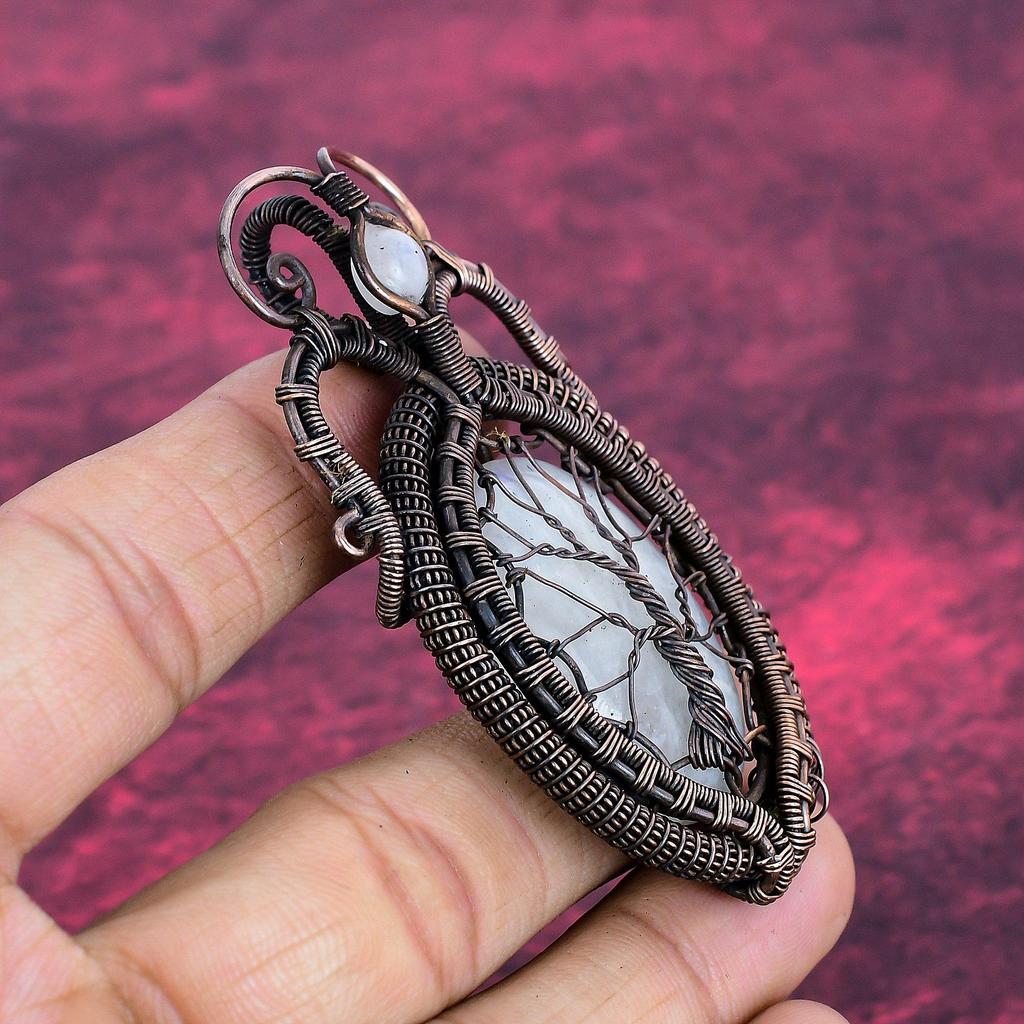Tree Of Life Rainbow Moonstone Pendant Copper Wire Wrapped Pendant Natural Gemstone Jewelry