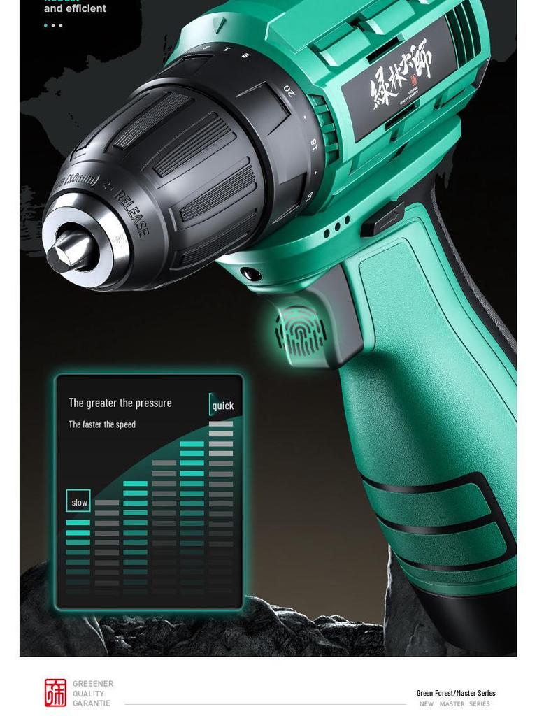 Green Forest 16.8V Brushless Electric Drill: Multi-Function Lithium Pistol Power Tool with Charging Impact and Screwdriver Function.