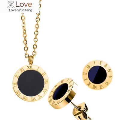 316l Stainless Steel Simple Black Enamel Roman Numeral Pendant Earring Necklace Set