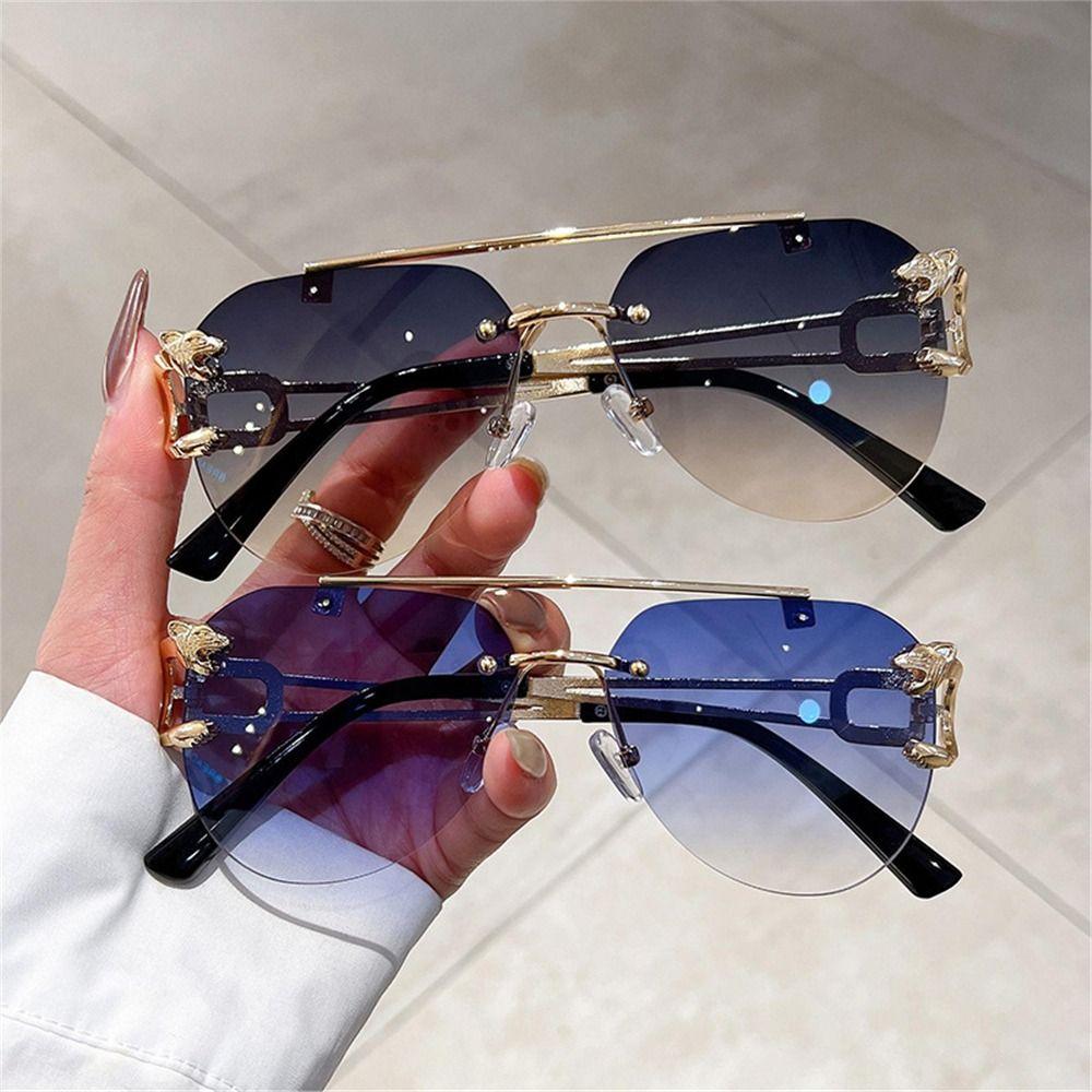 Fashion Rimless Cheetah Decor Sunglasses Gradient Uv400 Double Bridge Sun Glasses Eyewear For Women & Men