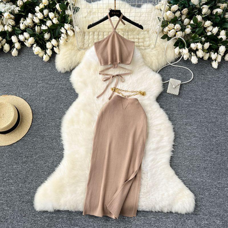 

Pure Desire Sexy Waist Trimming Halter Spaghetti Straps Vest Women s Chain Design Slim-Fit Slit Hip-Wrapped Skirt Knitting Suit Apricot All yards