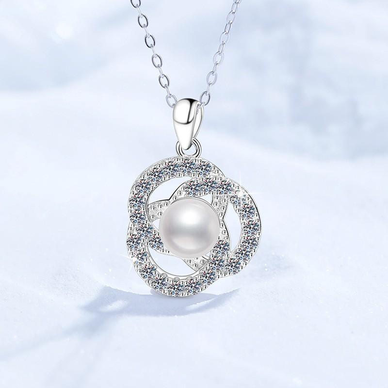 Elegant Sterling Necklace With Lab-Created Moissanite Natural Freshwater Pearl Pendant Cross Chain 41-50cm 925 Sterling Silver