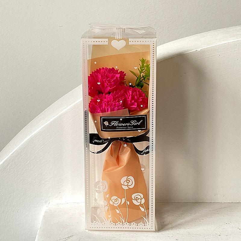 Artificial Carnation Floral Gift Box - Delicate Flower Arrangement In The Clear Plastic Box with Ribbon Decoration