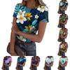 Women's Casual Fashion Round Neck Hawaiian Print Short Sleeve Ribbed Top
