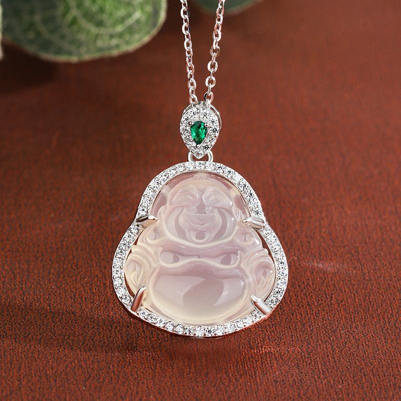 

Чистое серебро, инкрустированное бриллиантами, белый нефритовый костный мозг, ожерелье Будды Майтрейи, простая, роскошная, изысканная статуя Будды, нефрит и цепочка на ключице.