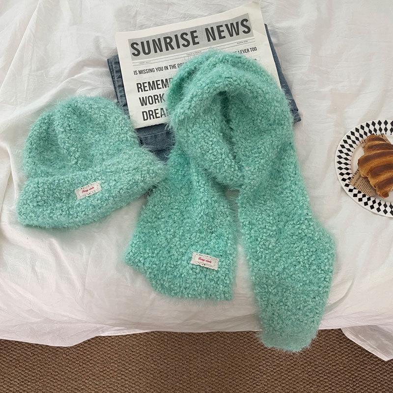 Bright Color Knitted Scarf and Hat Set - Solid Winter Warm 2-Piece for Women