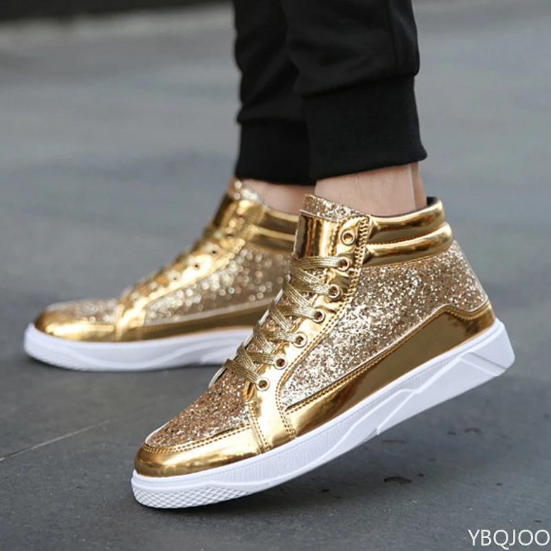 Mode High-Top-Mode Herrenschuhe Glänzend Große Größe Personalisierter Schuh Golden Retro Freizeitschuhe Trendige vielseitige Herren-Sneakers Zapatos