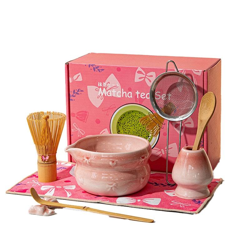 5Pcs Pink Japanese Style Matcha Making Kit Ceramic Matcha Bowl Cute Tea Cup With Spout Complete Tea Brewing Matcha Tea Set