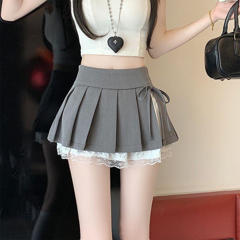 Lace Pleated Skirt Summer New High Waist Bow a Line Skirt Versatile Short Skirt
