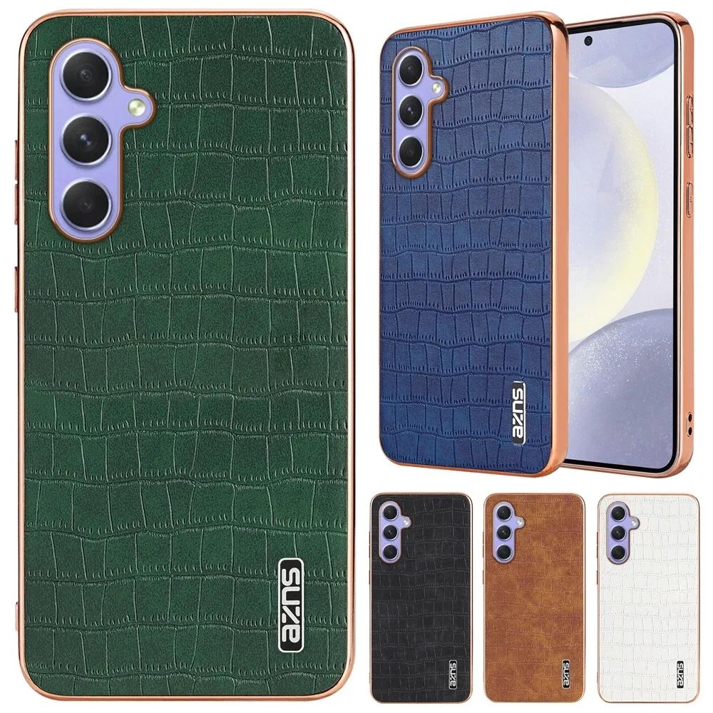 Luxury Crocodile Leather Phone Case for Samsung Galaxy A55 A35 A25 A15 A05S 54 34 14 M14 Shockproof Electroplat Frame Soft Cover
