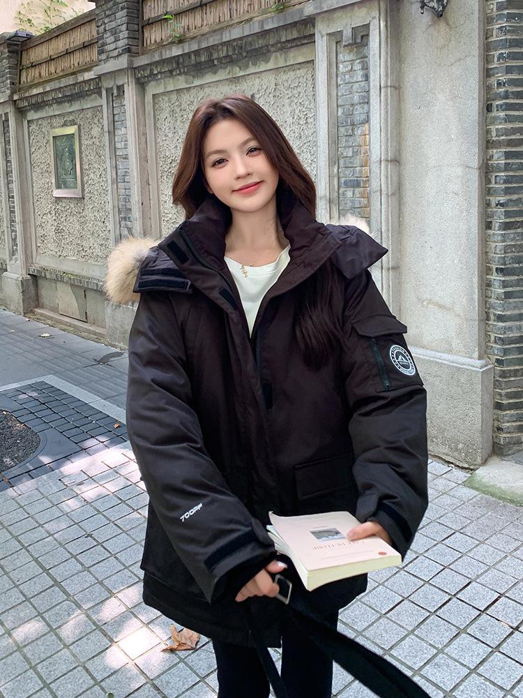 2025 Women's Winter Down Coat with Big Fur Collar - American Style Thickened Cotton-Padded Parka for Couples