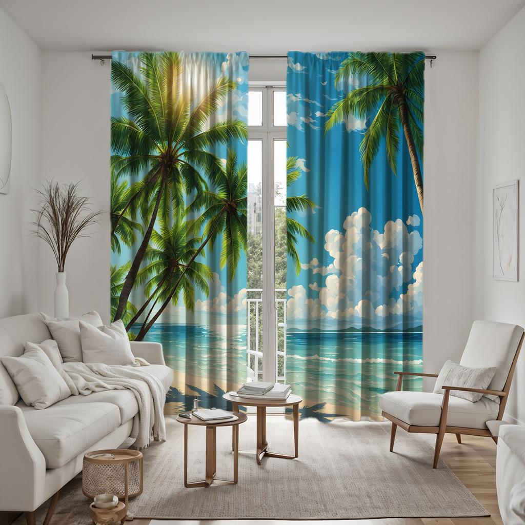 2pcs HD Aegean Sea View Coconut Tree Decorative Curtain Green Tie Digital Printed Curtain Home Decoration Style Decoration Li