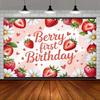 2D Pink Strawberry Themed Backdrop Sweet One First Birthday Celebration Photo Background
