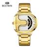 Fashion Men Irregular Tonneau Shape Quartz Watch Creative Rotating Dial Stainless Steel Bracelet Wristwatch