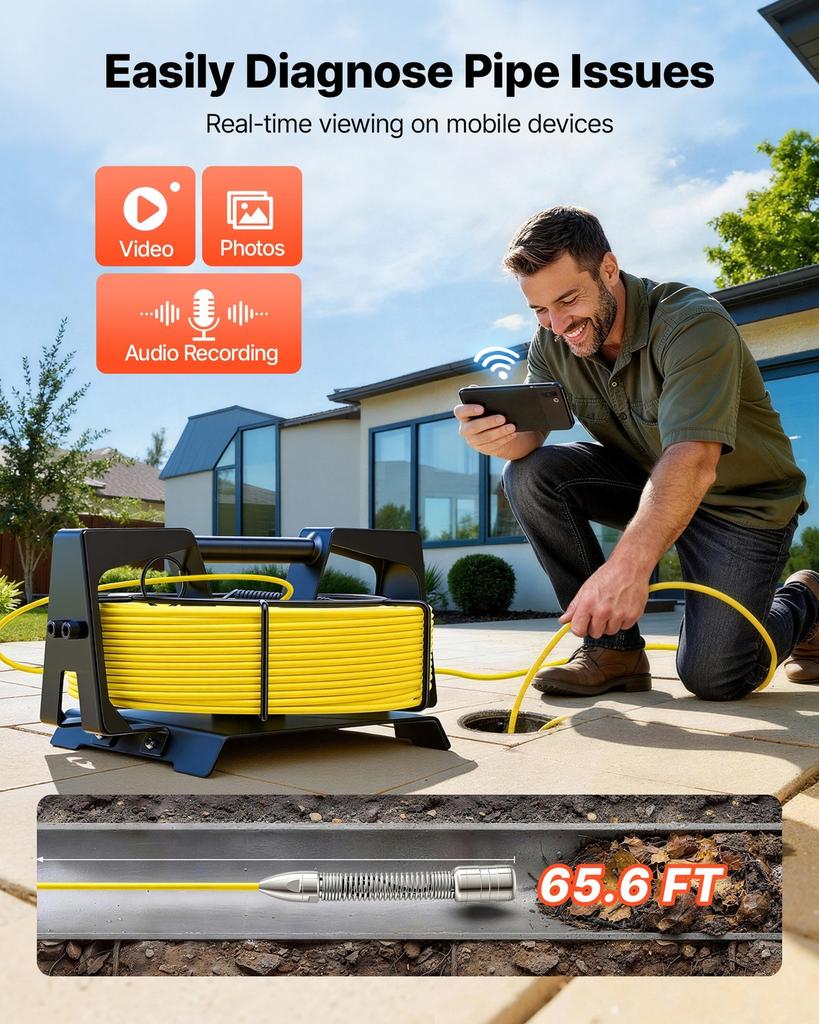 2026 Upgraded Sewer Camera with WiFi, 20m Drain Pipeline Camera, IP68 Snake Plumbing Cameras with Light- 12 LEDS, Wireless WiFi Connectivity to