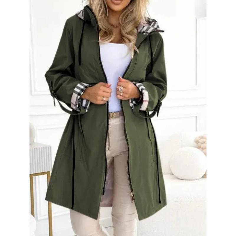 Fashion Trench Coat Women Autumn Winter Solid Color Casual Street Style Cardigan Long-sleeved Hooded Plaid