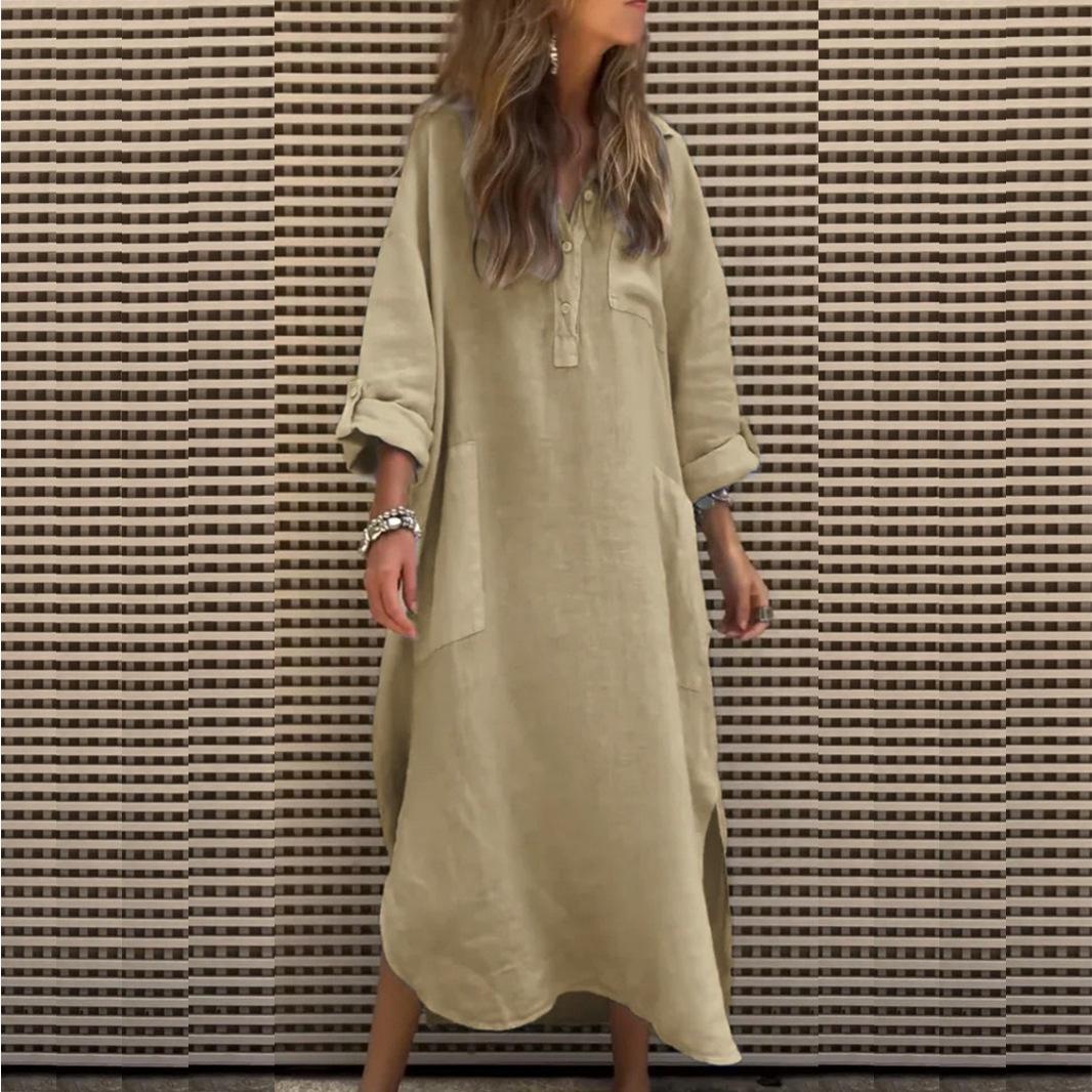 

JKASHDK Женская мода весна-осень однотонные принты длинные рукава V-образный вырез свободная талия повседневные платья S хаки