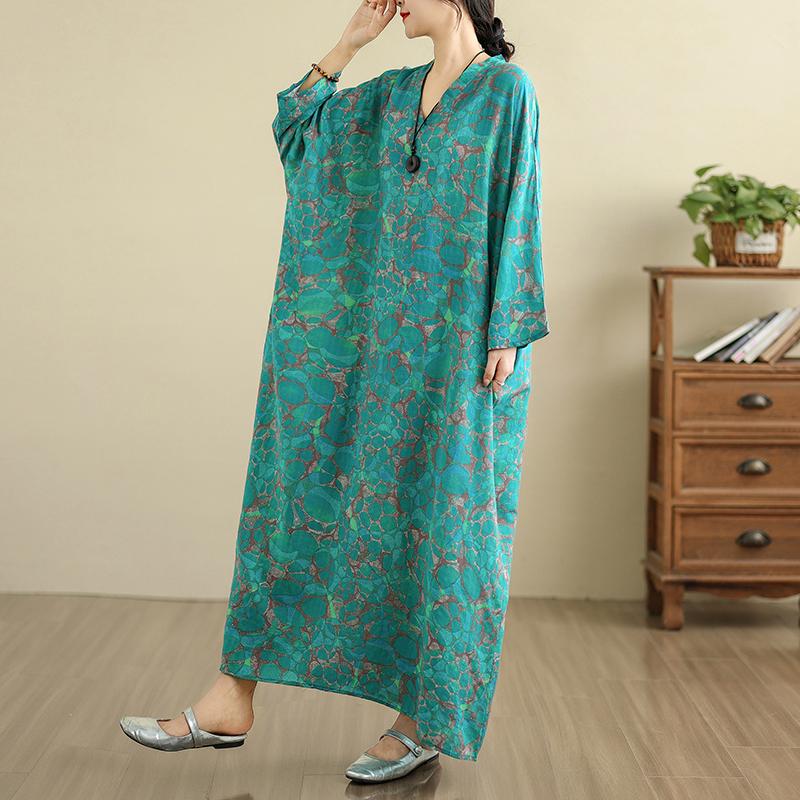 DIMANAF 2025 Women Plus Size Spring Long Dress Loose V-Neck Printing Vintage Casual Floral Oversize Long Sleeve 5033
