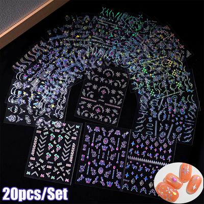 20pcs/Set 3D Laser Silver Nail Sticker Rhinestone Gems Star Jewelry Decals Holographic Design Manicure Slider DIY Nail Accessory
