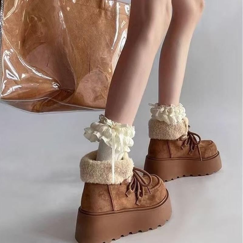 Fashion Lace-up Chunky Snow Boots for Women Winter Round Toe Booties Height Increase Plush Woman Shoes New Rock Fashion 2025 Goth Boot