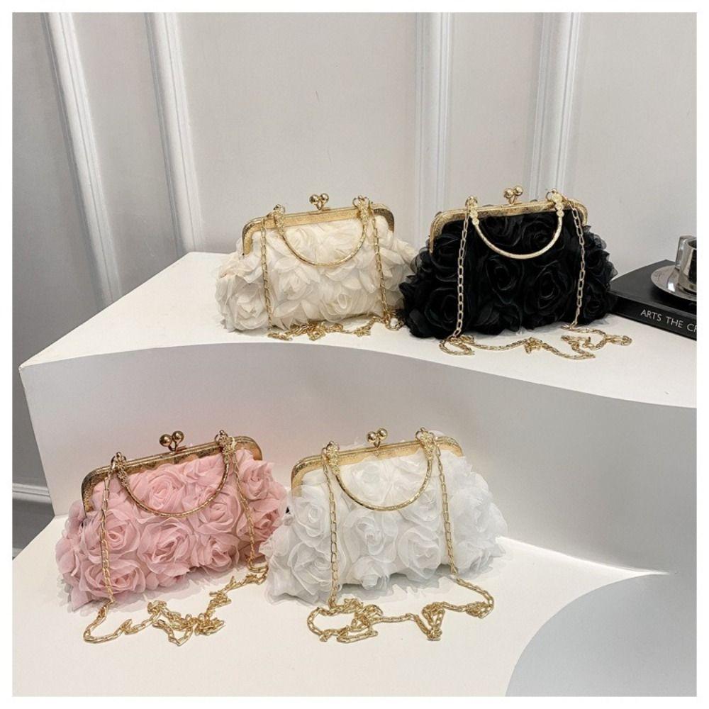 Fashion Polyester Fiber Evening Bags Chain Chiffon Banquet Bag 3D Flower Crossbody Bag Women