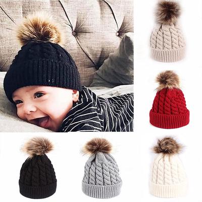 Weiche gestrickte Fellbommel-Baby-Wintermütze, einfarbig, warme Kinder-Mütze