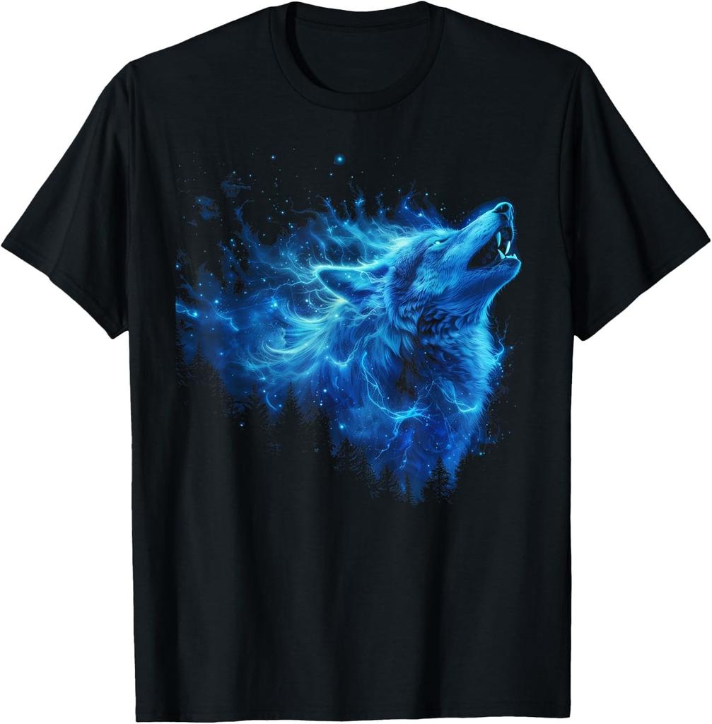 Galaxy Wolf Howling Graphic Electrical Blue Wolf Lovers T-Shirt